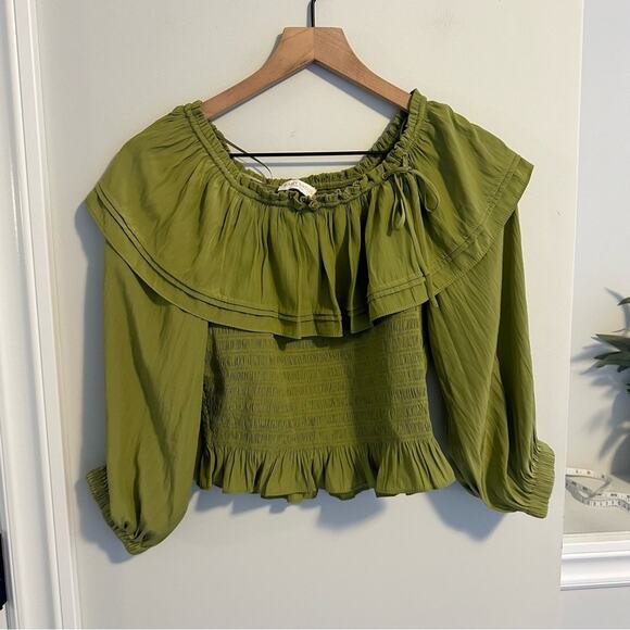 Ramy Brook Green Smocked Long Sleeve Crop Blouse Top Medium - Picture 7 of 10